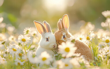 Fototapeta premium Cuddling rabbits in field of daisies, radiating warmth and affection. This serene scene captures essence of love and companionship in nature beauty