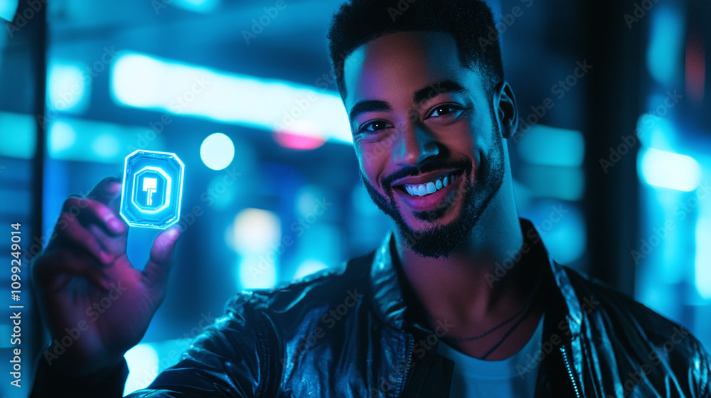 Poster a man holding a futuristic digital key card with a satisfied smile in a tech-forward setting.