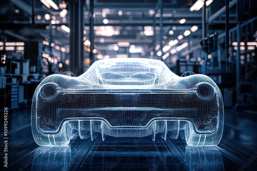 Poster illuminated wireframe sports car in a factory setting showing intricate design.