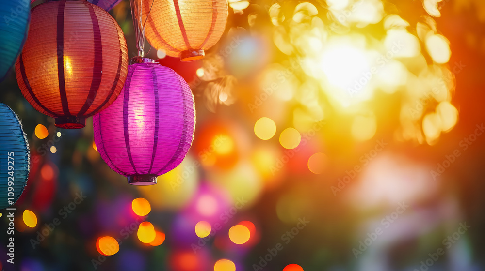 Poster colorful paper lanterns hanging in a vibrant setting with blurred background and warm sunlight creat