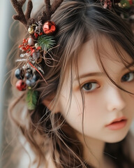 a young woman’s smooth chestnut brown hair, focusing on a plush reindeer antler headband with soft, fuzzy textures. decorated with mini Christmas ornaments like tiny bells, mistletoe, and a red bow