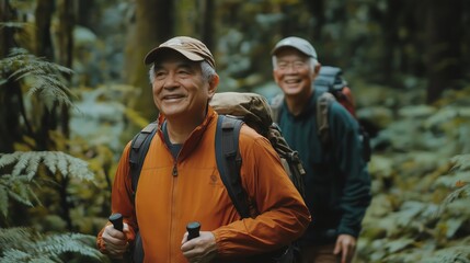 Fototapeta premium Smiling Senior Asian Men Hiking Through a Lush Forest Trail
