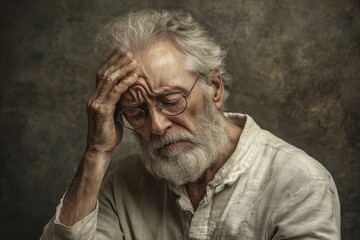 Obraz premium Elderly man with grey hair and beard, hand on forehead, looking downcast. Illustrates sadness, grief, or health concerns for websites, articles, or social media.