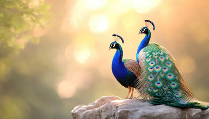 Fototapeta premium Majestic peacocks with fanned tails standing on rock in nature. Their vibrant colors and elegant posture create stunning visual display, evoking sense of beauty and grace