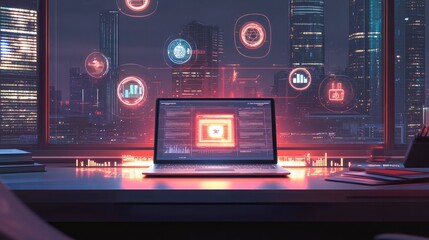 A laptop with a glowing digital display on a desk, surrounded by floating holographic data and futuristic icons representing networking and business intelligence.