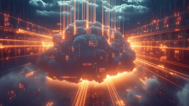 A massive cloud infrastructure with data streams represented by glowing beams of light flowing into a centralized, protected cloud. Surrounded by layers of firewalls and encryption shields.