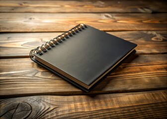 Fototapeta premium Black Spiral Bound Notebook on a Wooden Desk with Copy Space for Notes and Ideas - Perfect for Students, Writers, and Creative Minds to Organize Thoughts and Plans