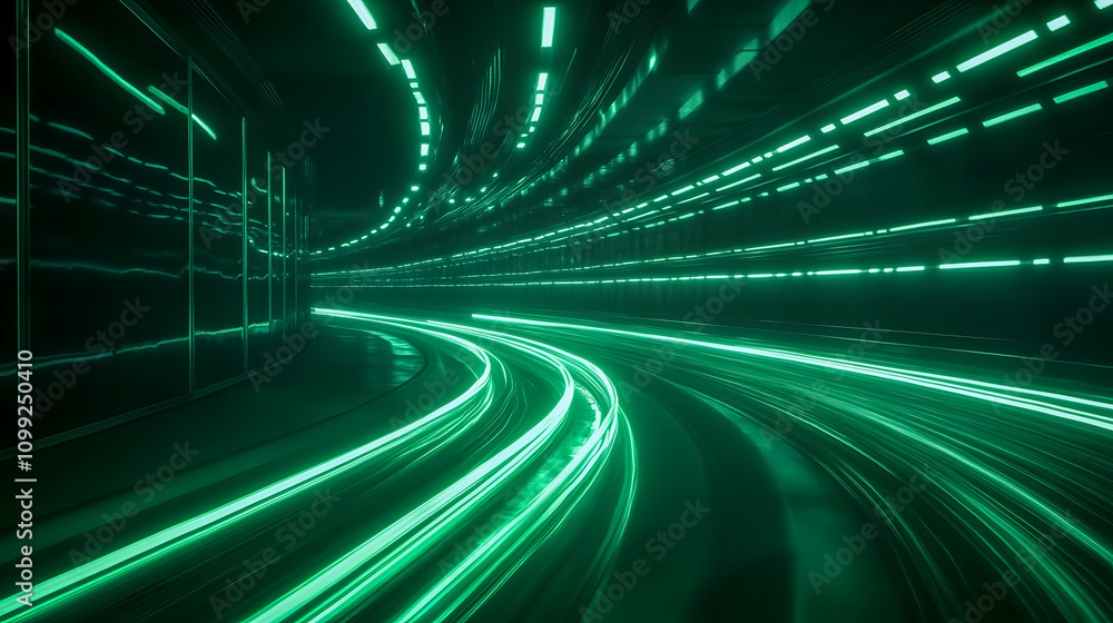 Poster dynamic glowing green light trails in a futuristic tunnel with motion blur creating an impression of
