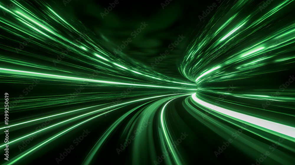 Poster futuristic green light trails in a motion blur displaying abstract energy flow and speed in a dark e
