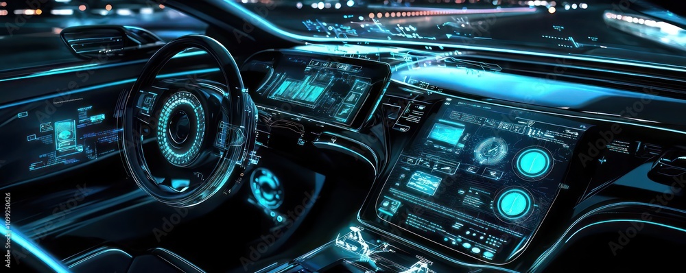 Aufkleber automotive technology with futuristic scanning and data analysis in an advanced system.