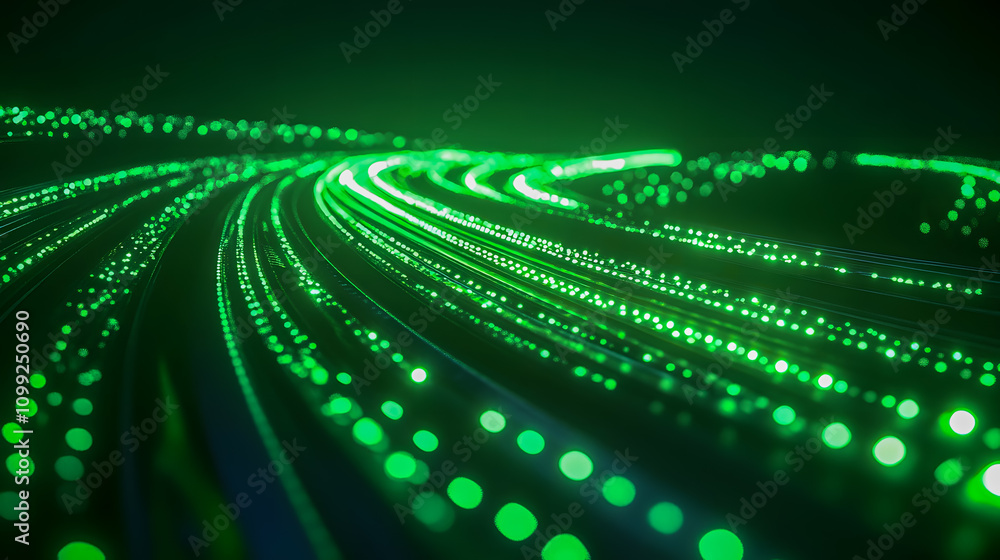 Poster dynamic green light trails in abstract digital landscape representing movement and technology in mod