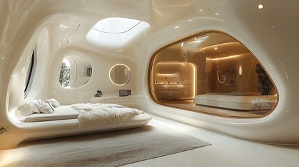 A futuristic home interior with smart technology and sustainable living solutions 