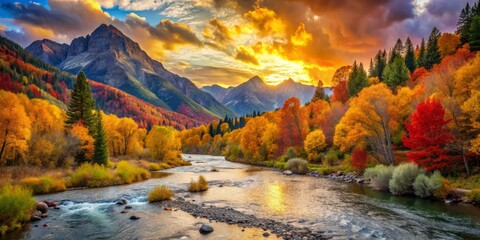 Obraz premium Breathtaking Autumn Landscape Featuring a Serene River Flowing Through Majestic Mountains Under a Clear Blue Sky and Vibrant Fall Foliage for Nature Photography Enthusiasts