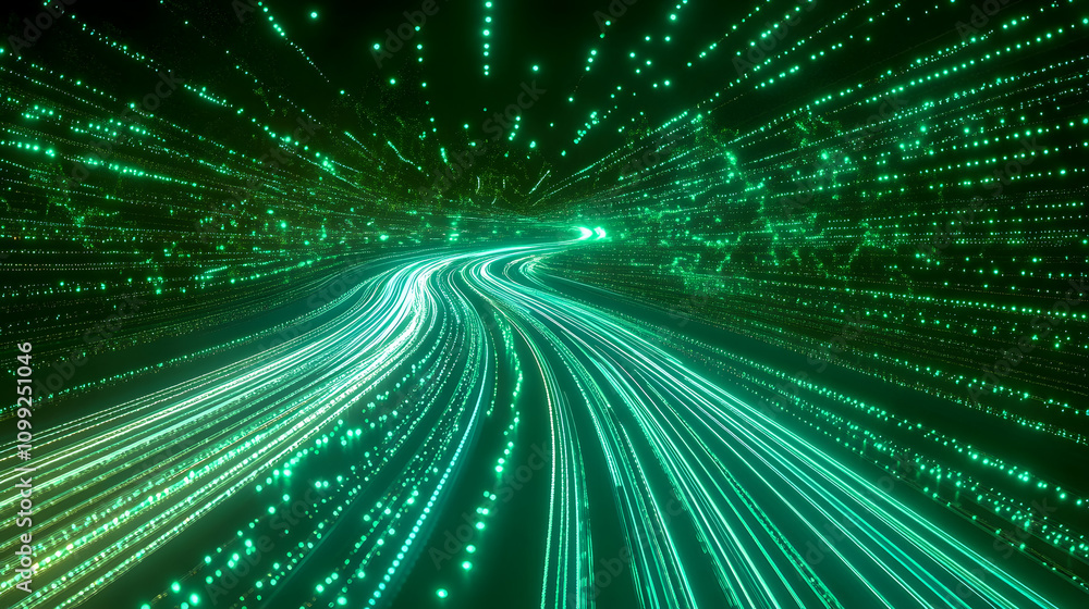 Aufkleber futuristic abstract background with glowing green light trails and particles creating a sense of spe