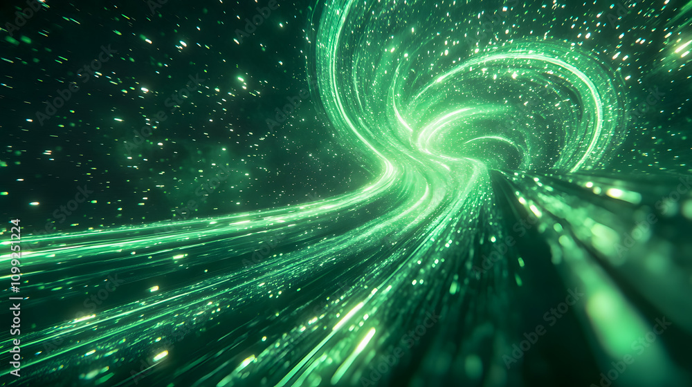 Aufkleber abstract green swirling motion with glittering stars and digital light trails in space, creating a c
