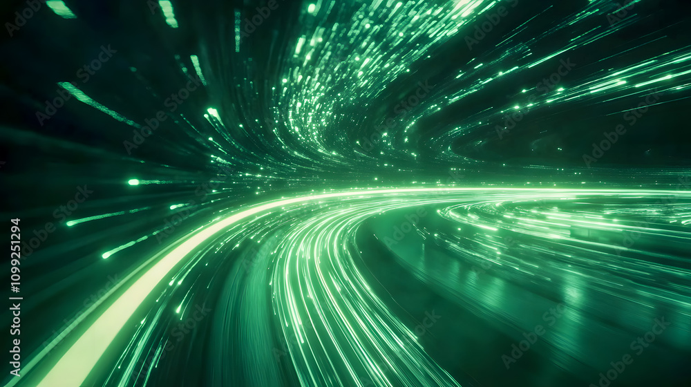 Poster dynamic flow of green light trails in a futuristic atmosphere representing speed, technology, and in