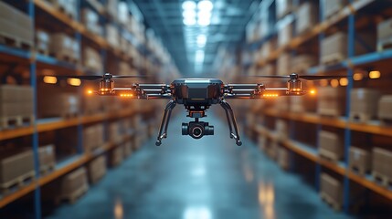 A futuristic warehouse with drones and autonomous vehicles for efficient logistics, 