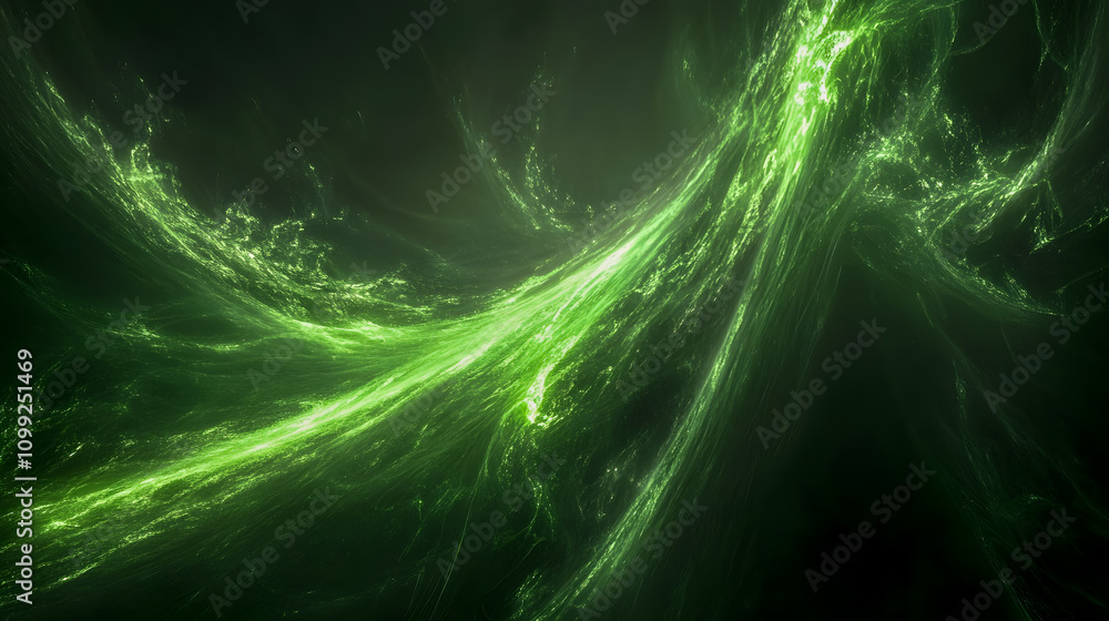 Poster abstract green energy flow with swirling light effects in dark background for creative and artistic 