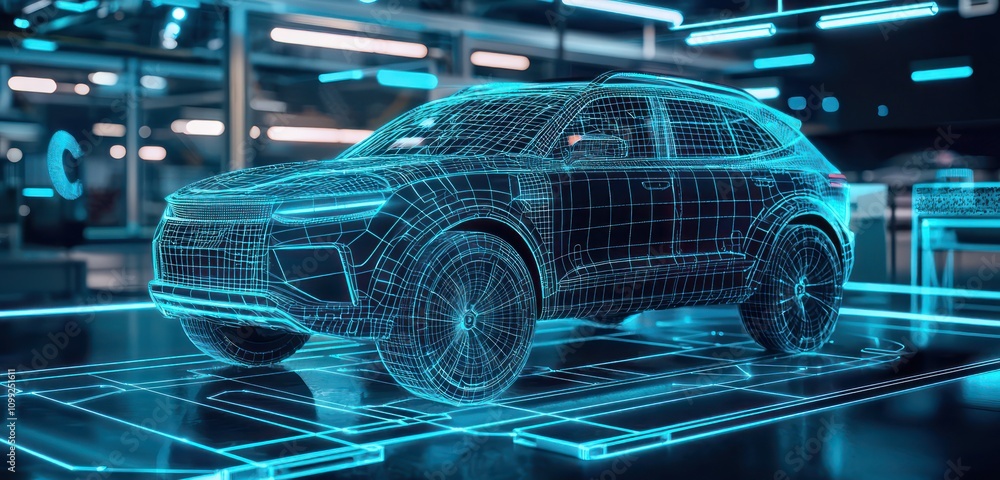 Poster modern suv wireframe in ar within a futuristic blueprint setting highlights design mesh.