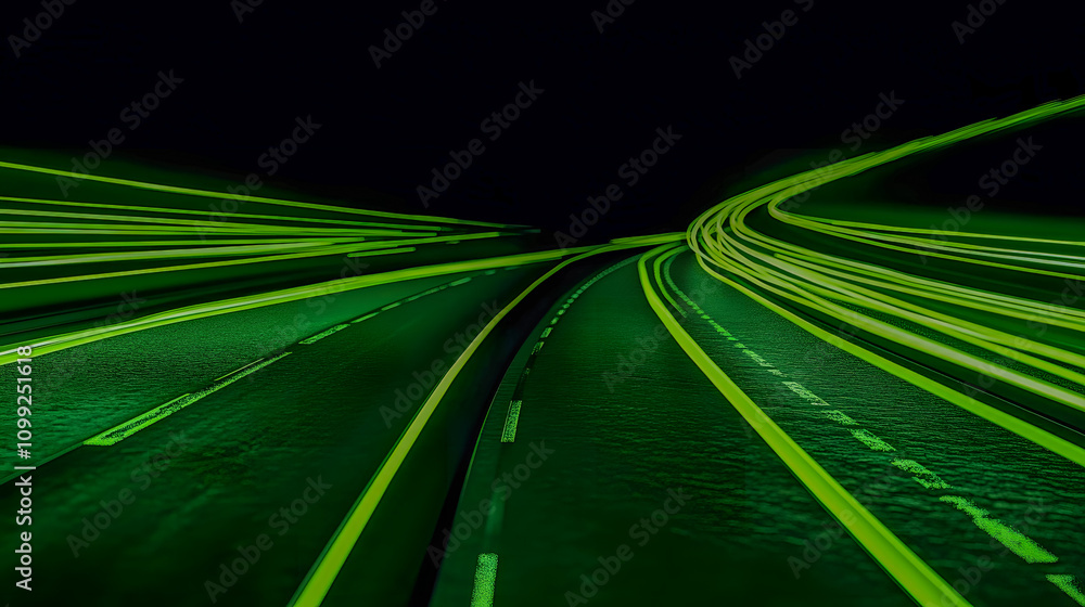 Poster futuristic night roads with dynamic green lights creating an abstract sense of movement and speed in