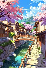 Anime style Japanese village , Japanese village ,anime style painting ai gen