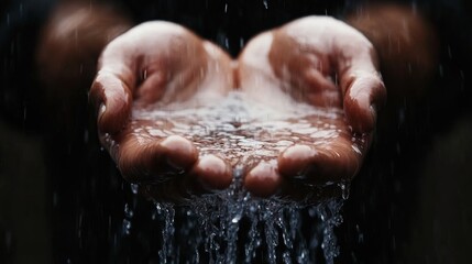 Fototapeta premium Close-up of hands cupping rainfall, showcasing the beauty of nature's purest resource.