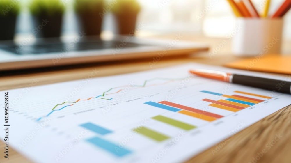 Poster Business Analytics Chart with Colorful Graphs and Office Workspace