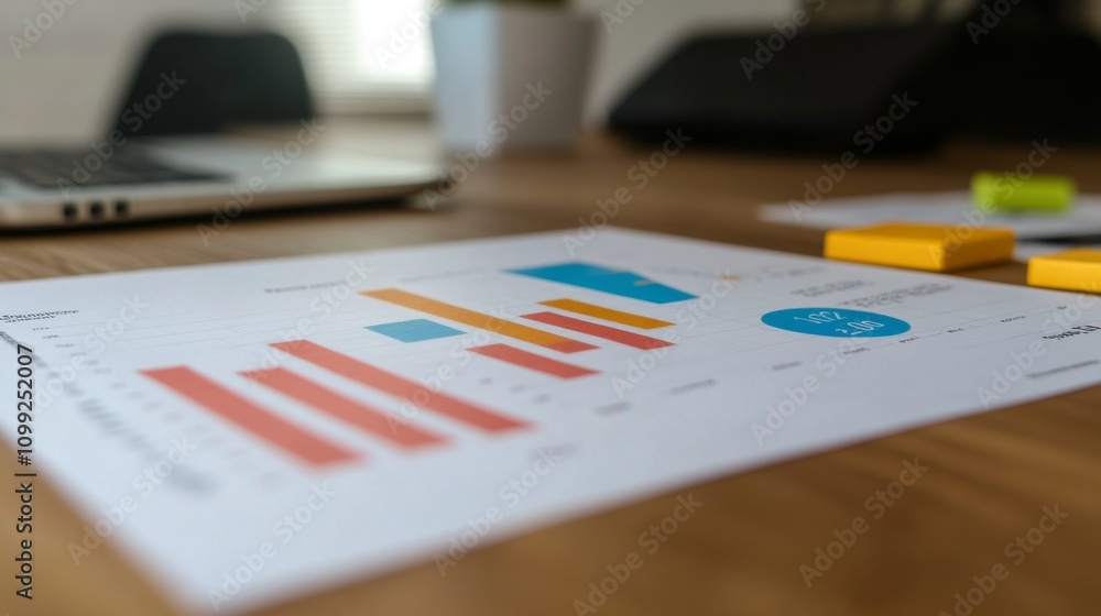 Aufkleber Colorful Bar Graph and Pie Chart on Document with Laptop Background