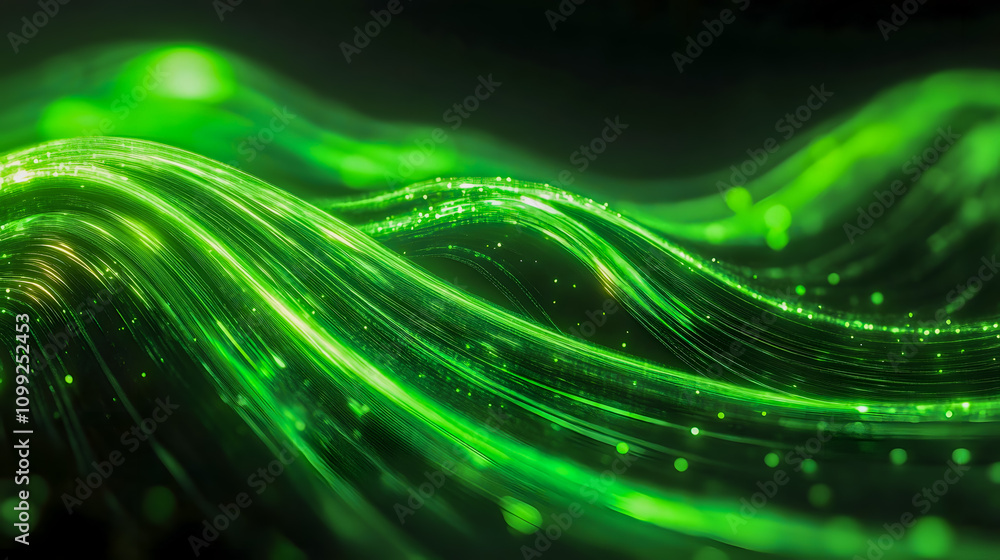 Poster ethereal green light waves flowing in a dreamy abstract background, capturing motion and energy with