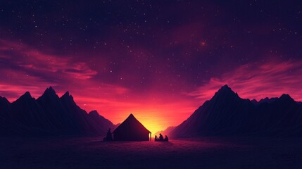 Silhouetted figures gather around a small dwelling at sunset, beneath a vibrant, starlit sky. A serene and mystical scene.