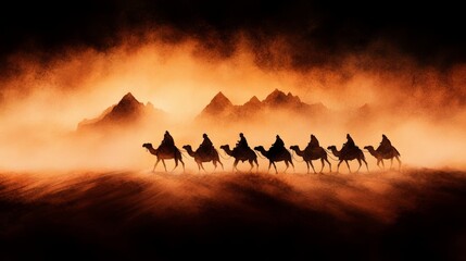 Silhouetted figures on camels traverse a desert landscape at sunset, mountains in the background.