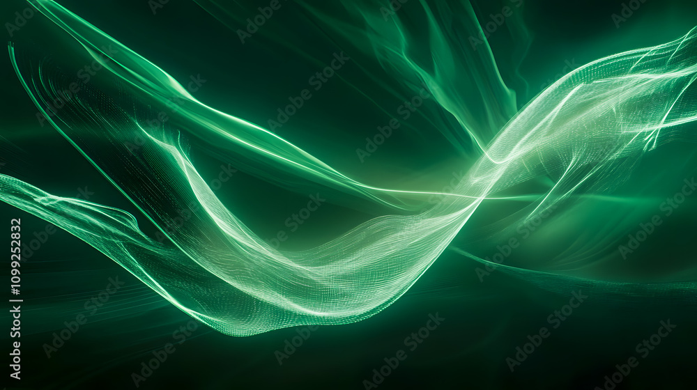 Poster abstract green light waves flowing smoothly creating dynamic energy background for digital art, tech