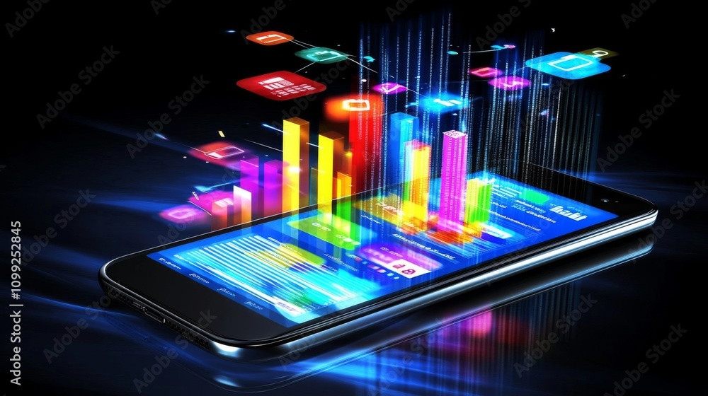 Leinwandbilder digital smartphone with data visualization and app icons glowing