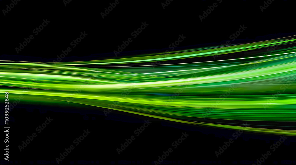 Poster abstract green light waves flowing smoothly across a dark background, creating a sense of motion and