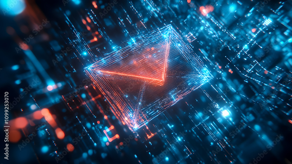 Poster futuristic digital email symbol surrounded by vibrant blue and red data streams in a high-tech matri