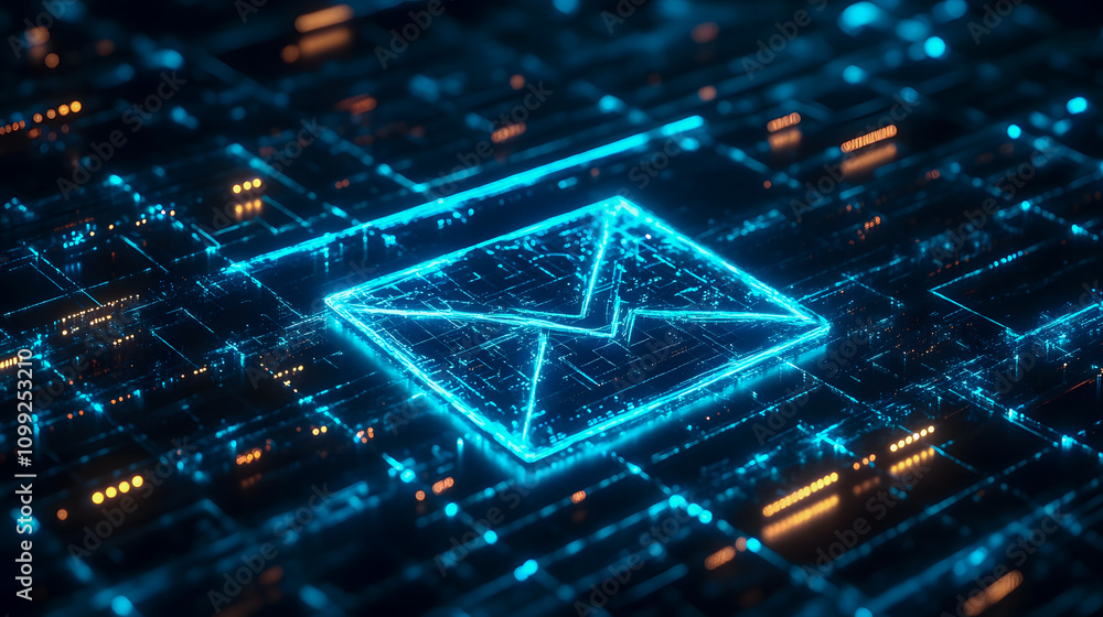 Poster futuristic glow of digital mail icon on abstract technology background with neon lights and circuit 