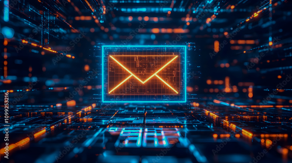 Poster futuristic digital representation of glowing email icon in a cybernetic environment, showcasing adva