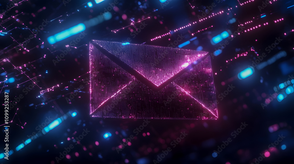 Poster futuristic digital mail icon surrounded by neon lights and data streams representing modern communic