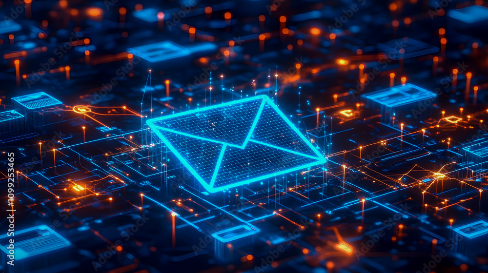 Poster digital communication concept with glowing envelope on futuristic circuit board background represent