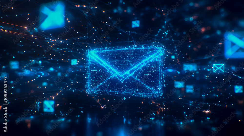 Poster futuristic digital communication concept with email icons surrounded by glowing data connections in 