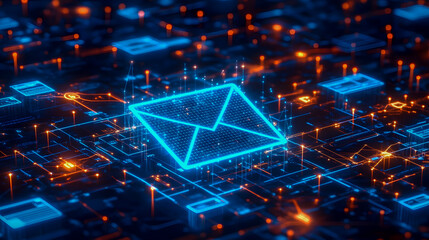 Fototapeta premium Digital Communication Concept with Glowing Envelope on Futuristic Circuit Board Background Representing Email Technology and Connectivity