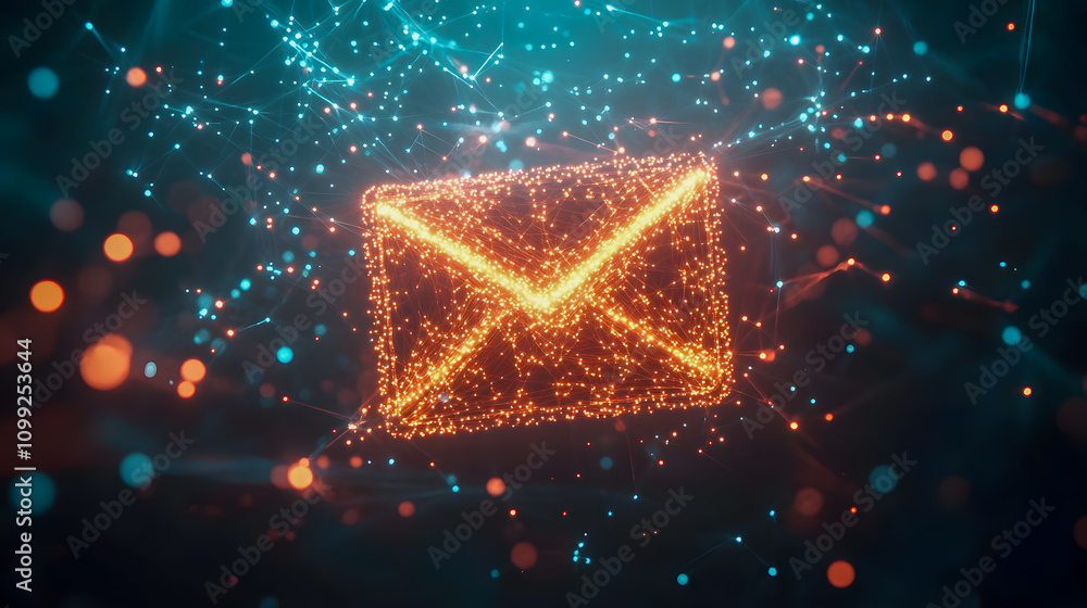 Poster glowing email symbol in digital space with sparkling particles representing communication and connec
