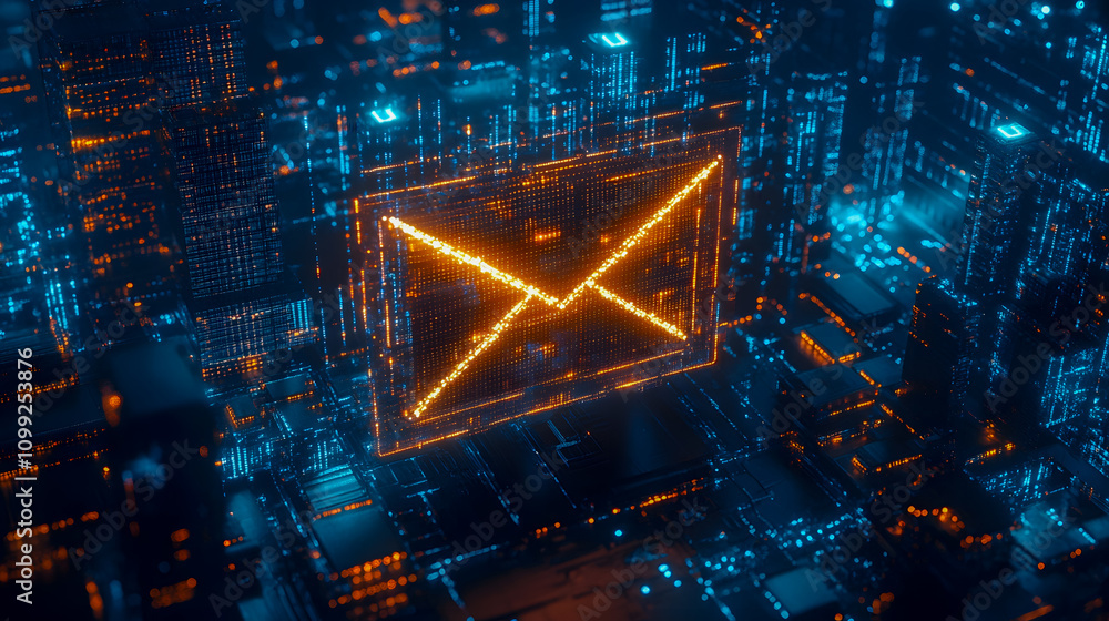 Poster futuristic digital cityscape with glowing mail envelope icon surrounded by high-tech buildings and c