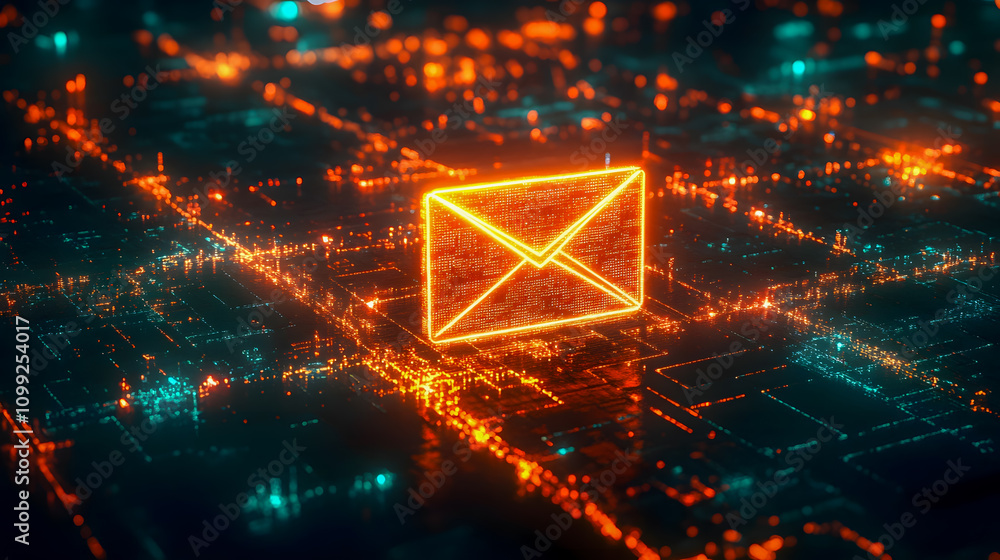 Poster digital network concept with glowing envelope icon representing email and communication technology i
