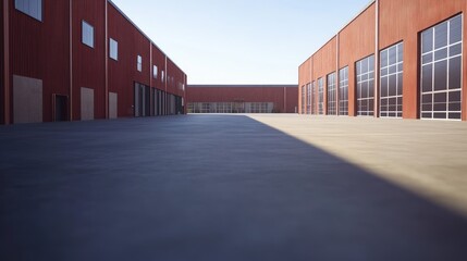 Obraz premium Industrial Warehouse Facility with Red Metal Exterior and Clear Sky