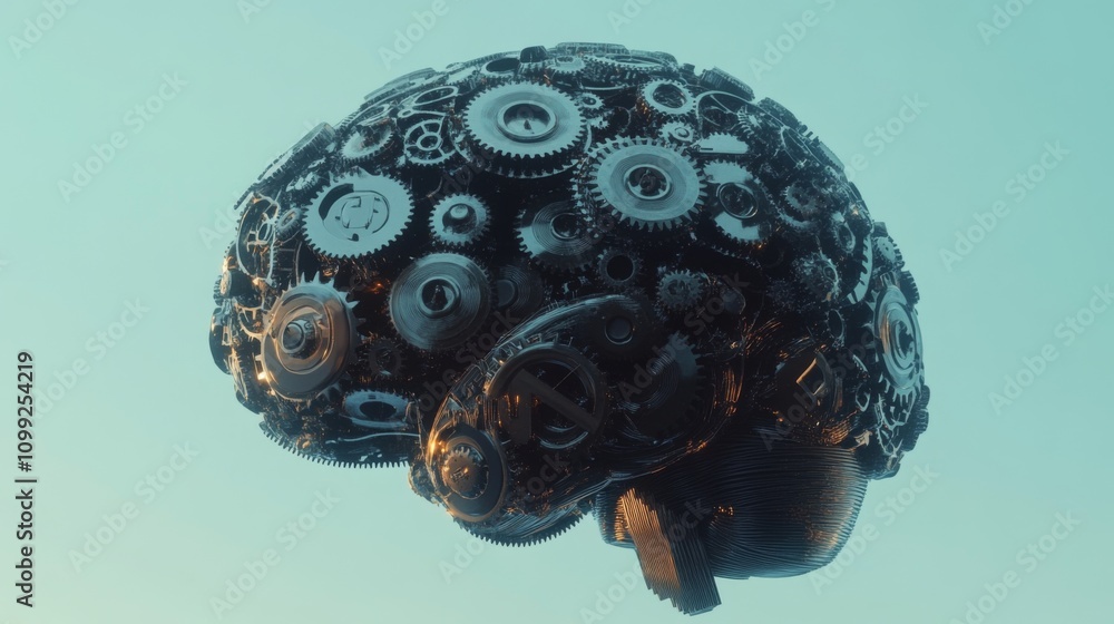 Poster mechanical brain with gears and cogs in futuristic style