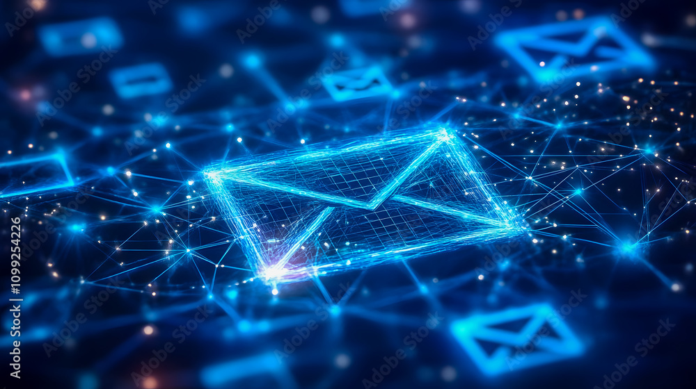 Poster digital representation of an email icon surrounded by networking connections and data streams in a f