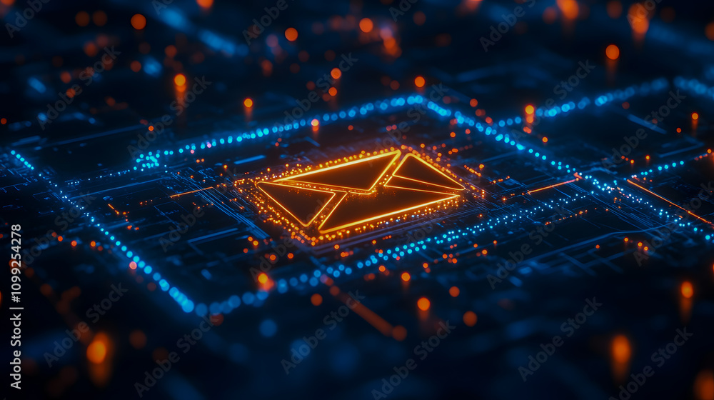 Poster abstract digital mail icon with bright blue and orange particles in a futuristic background represen
