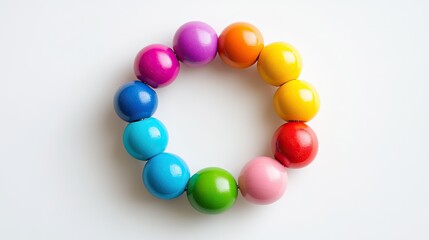 A colorful wooden baby rattle with round beads, arranged in a circular design, flat lay on a pure white background, vibrant tones