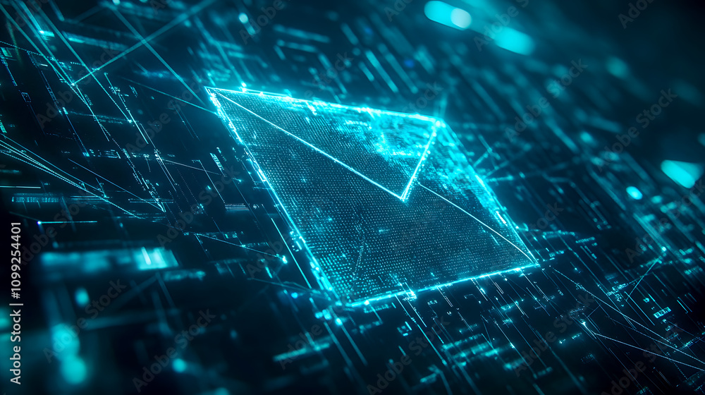 Poster futuristic digital representation of an email icon surrounded by data streams and glowing lines in a